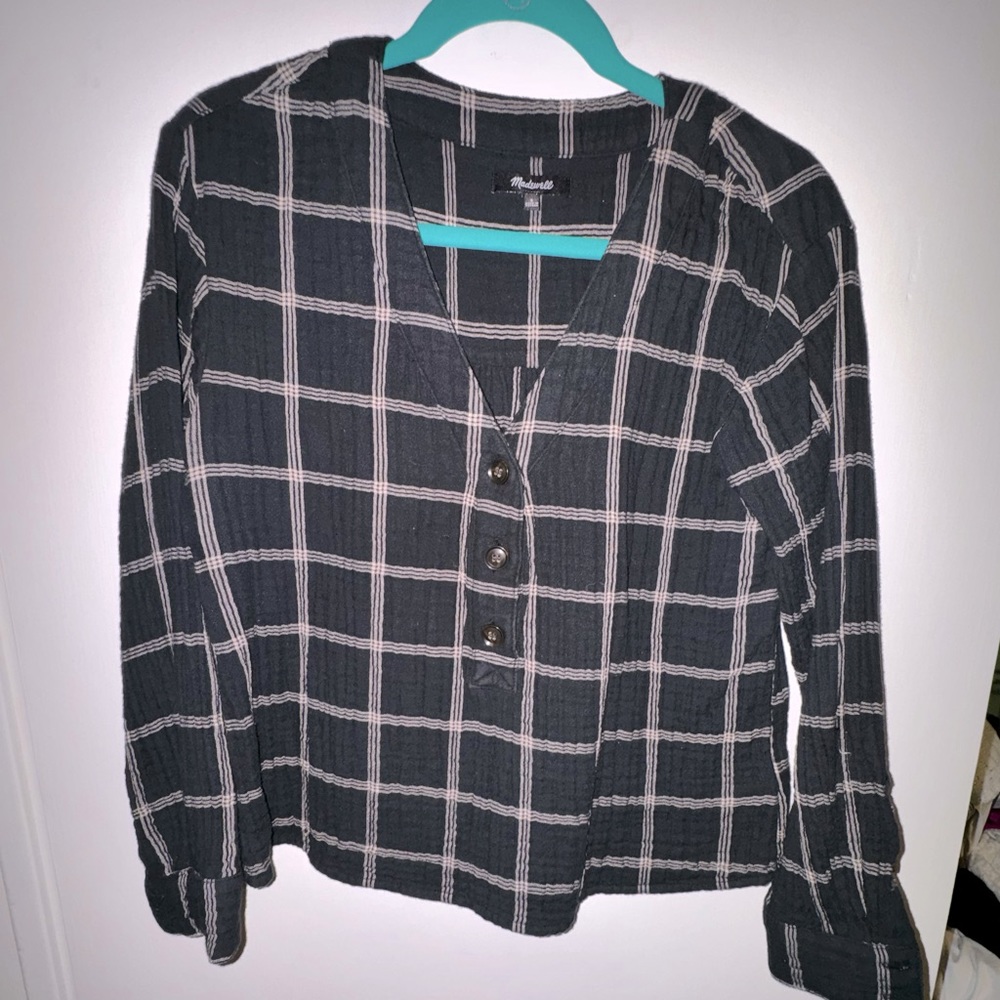 2/$30 Madewell Black tan windowpane print 1/4 button casual top size s EUC